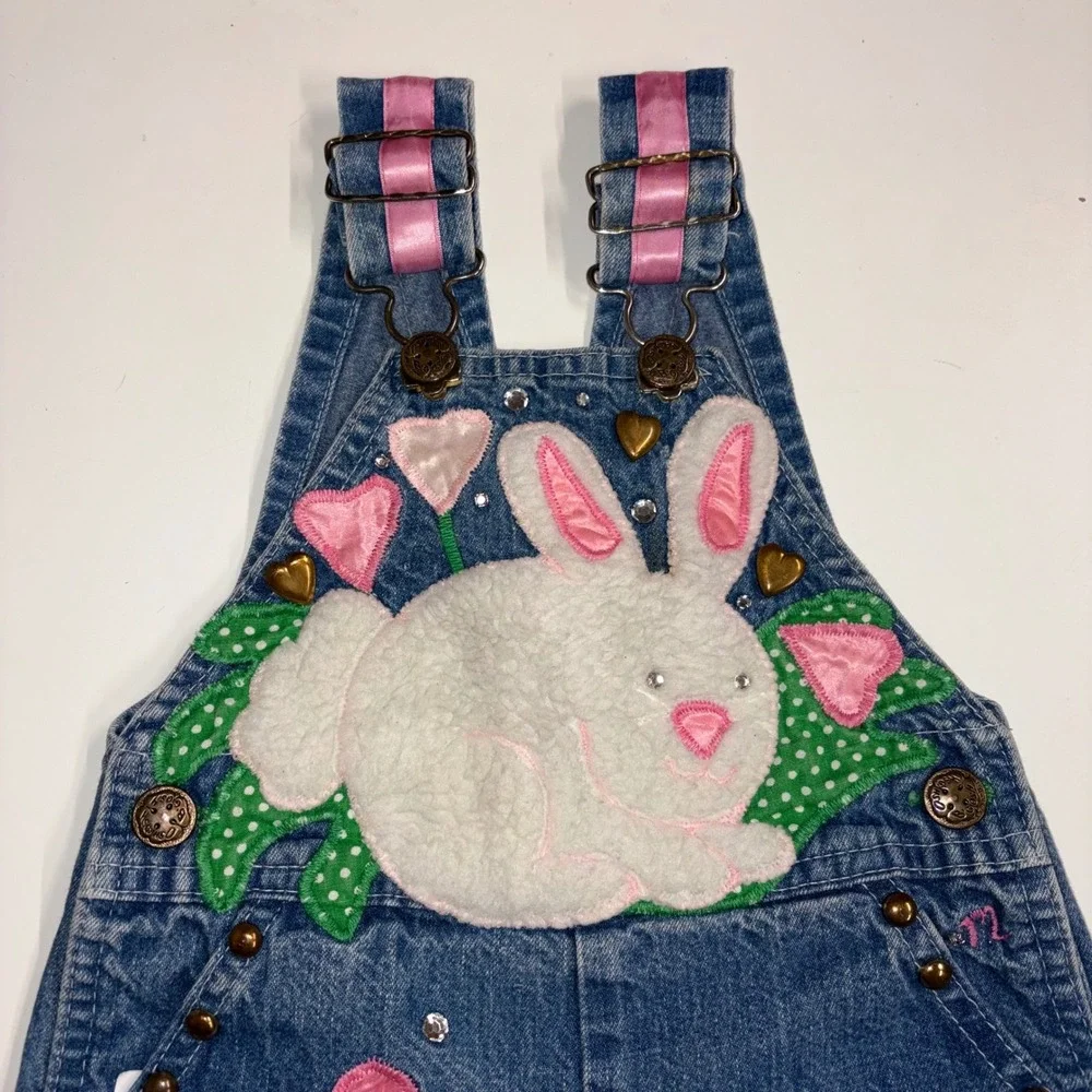 Vintage Osh Kosh Bgosh Custom Denim Bunny Overalls Hearts Rhinestones Blue Pink